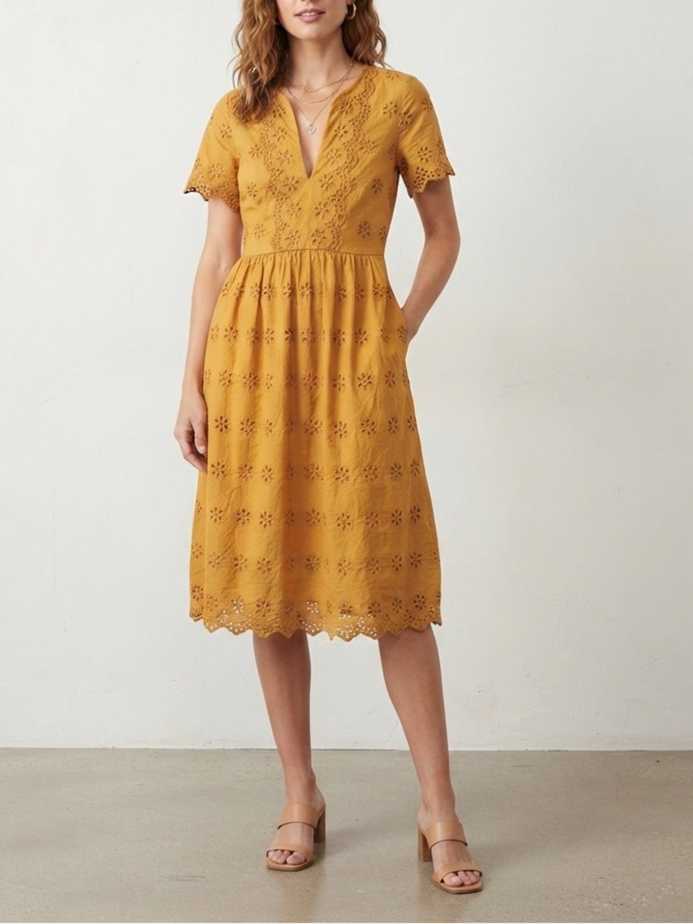 Madewell Mustard Yellow Eyelet Lace Dress V-Neck Short Sleeve Sun Dress Cotton❤️ - Picture 1 of 12
